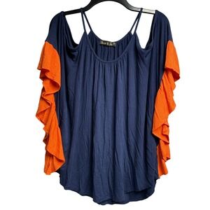James & Joy Cold Shoulder Ruffle Sleeve Blouse‎ Top Womens Small Blue Orange